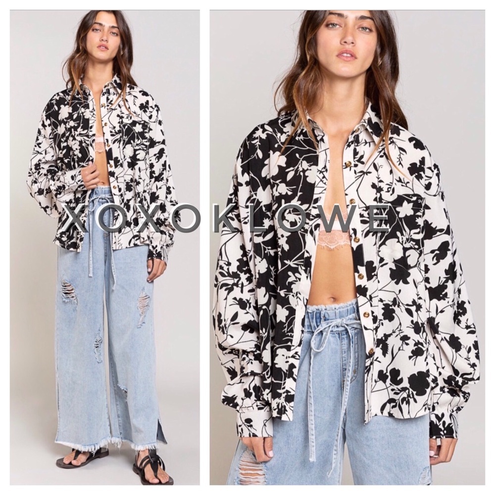 POL Black White Floral Button Down | Oversized Boho Shirt